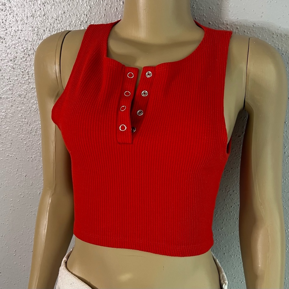 Zara Womens Red Ribbed Sleeveless Snap Button Henley Racerback Crop Tank Top  L